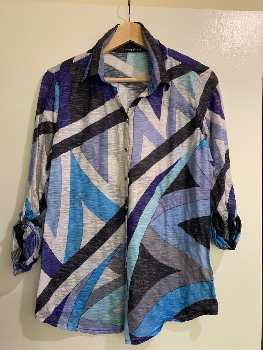 David Cline Blue and Gray Geometric Button-Down Shirt in M adjustable sleeve